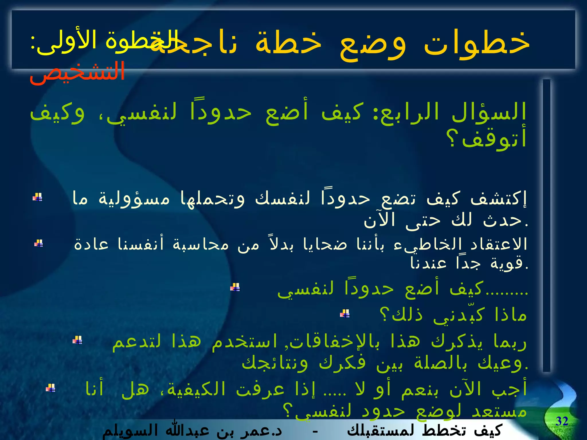 خطوات وضع خطة ناجحة السؤال الرابع :  كيف أضع حدوداً لنفسي، وكيف أتوقف؟ إكتشف كيف تضع حدوداً لنفسك وتحملها مسؤولية ما حدث لك حتى الآن . الاعتقاد الخاطيء بأننا ضحايا بدلاً من محاسبة أنفسنا عادة قوية جداً عندنا . كيف أضع حدوداً لنفسي  ......... ماذا كبّدني ذلك؟ ربما يذكرك هذا بالإخفاقات ,  استخدم هذا لتدعم وعيك بالصلة بين فكرك ونتائجك . أجب الآن بنعم أو لا  .....  إذا عرفت الكيفية، هل  أنا مستعد لوضع حدود لنفسي؟  الخطوة الأولى :  التشخيص 