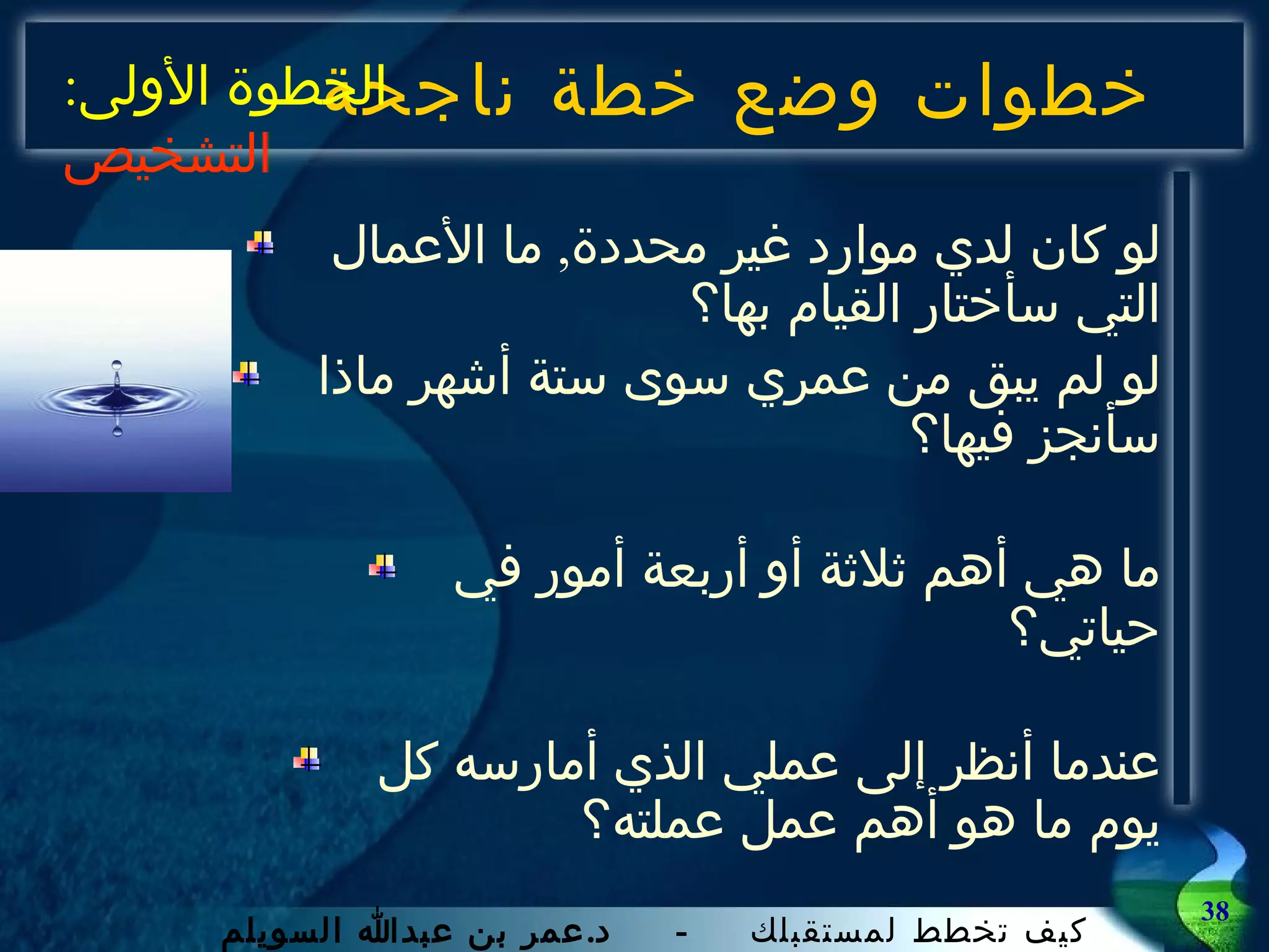 خطوات وضع خطة ناجحة لو كان لدي موارد غير محددة ,  ما الأعمال التي سأختار القيام بها؟ لو لم يبق من عمري سوى ستة أشهر ماذا سأنجز فيها؟ ما هي أهم ثلاثة أو أربعة أمور في حياتي؟ عندما أنظر إلى عملي الذي أمارسه كل يوم ما هو أهم عمل عملته؟ الخطوة الأولى :  التشخيص 