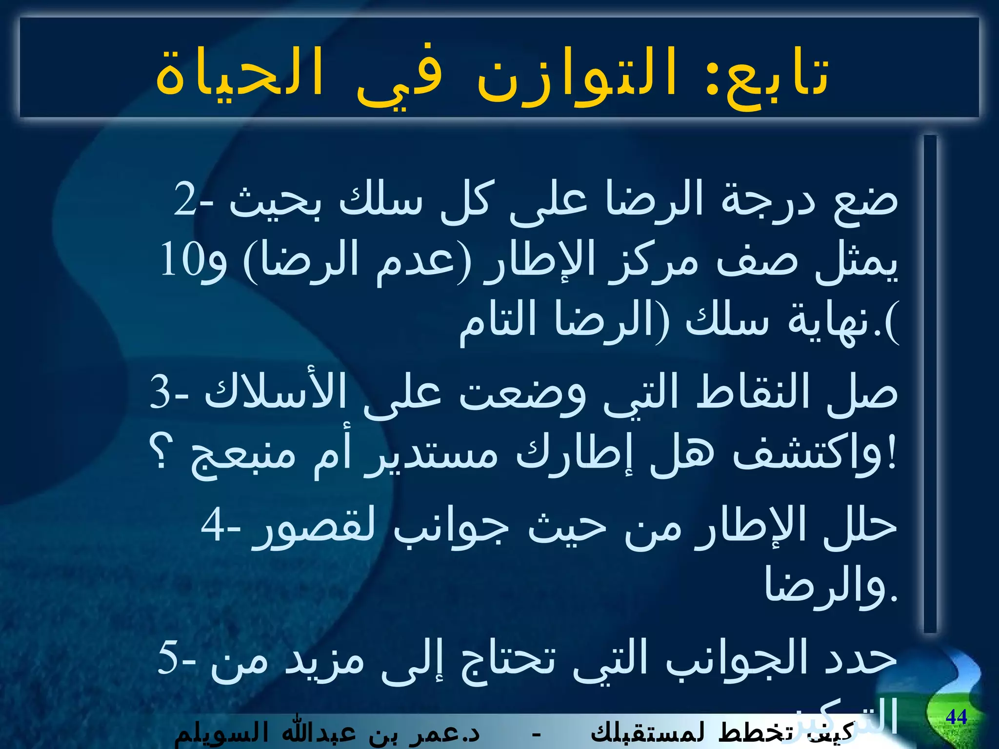 تابع :  التوازن في الحياة 2-  ضع درجة الرضا على كل سلك بحيث يمثل صف مركز الإطار  ( عدم الرضا )  و 10  نهاية سلك  ( الرضا التام ). 3-  صل النقاط التي وضعت على الأسلاك واكتشف هل إطارك مستدير أم منبعج ؟ ! 4-  حلل الإطار من حيث جوانب لقصور والرضا . 5-  حدد الجوانب التي تحتاج إلى مزيد من التركيز 6-  أعد هذا التمرين وكرره دورياً ، (  شهريا مثلا ) (  المرجع  :  الإدارة الذاتية الناجحة  ) 