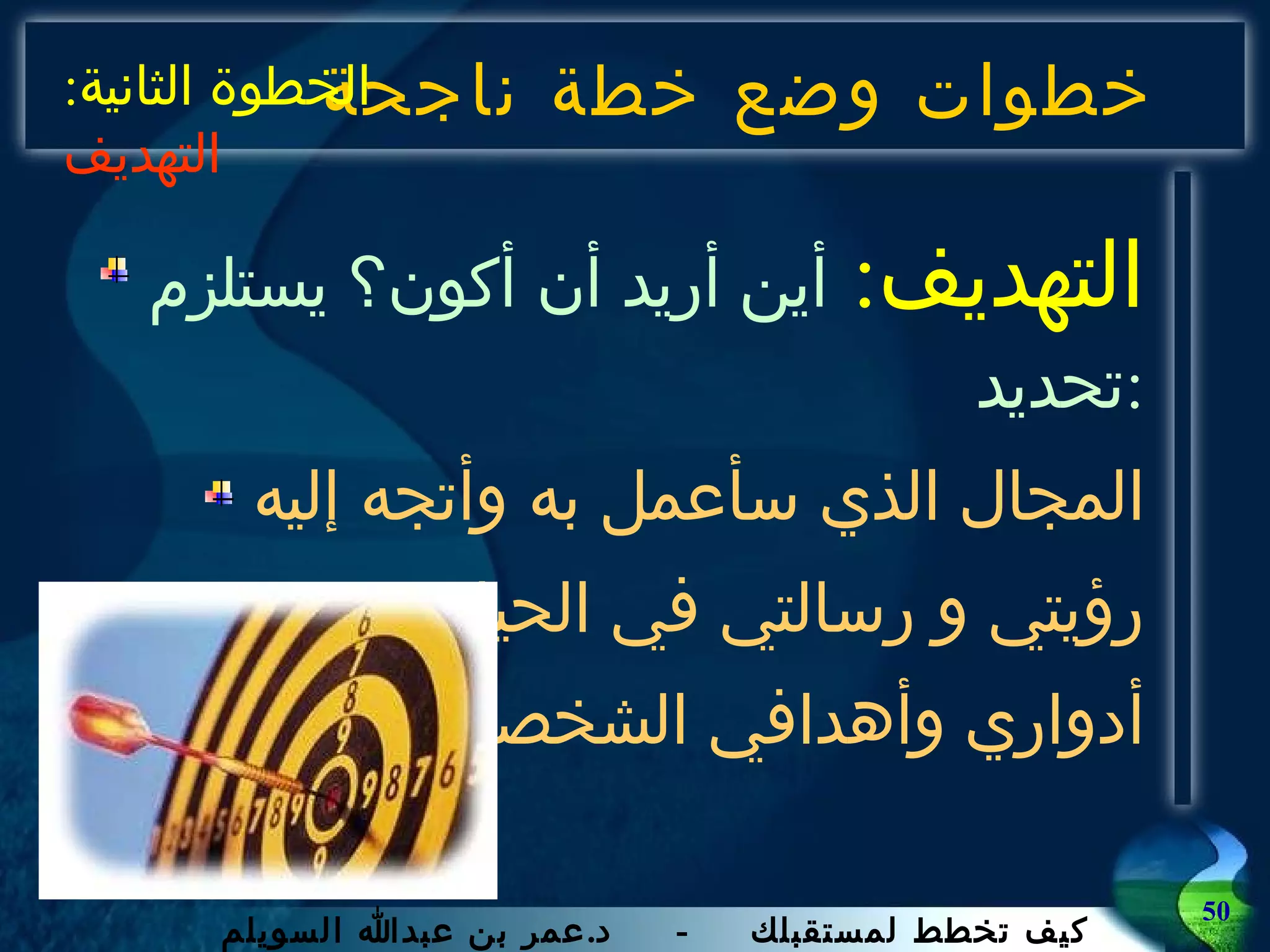 خطوات وضع خطة ناجحة التهديف :  أين أريد أن أكون؟ يستلزم تحديد : المجال الذي سأعمل به وأتجه إليه رؤيتي و رسالتي في الحياة أدواري وأهدافي الشخصية الخطوة الثانية :  التهديف 