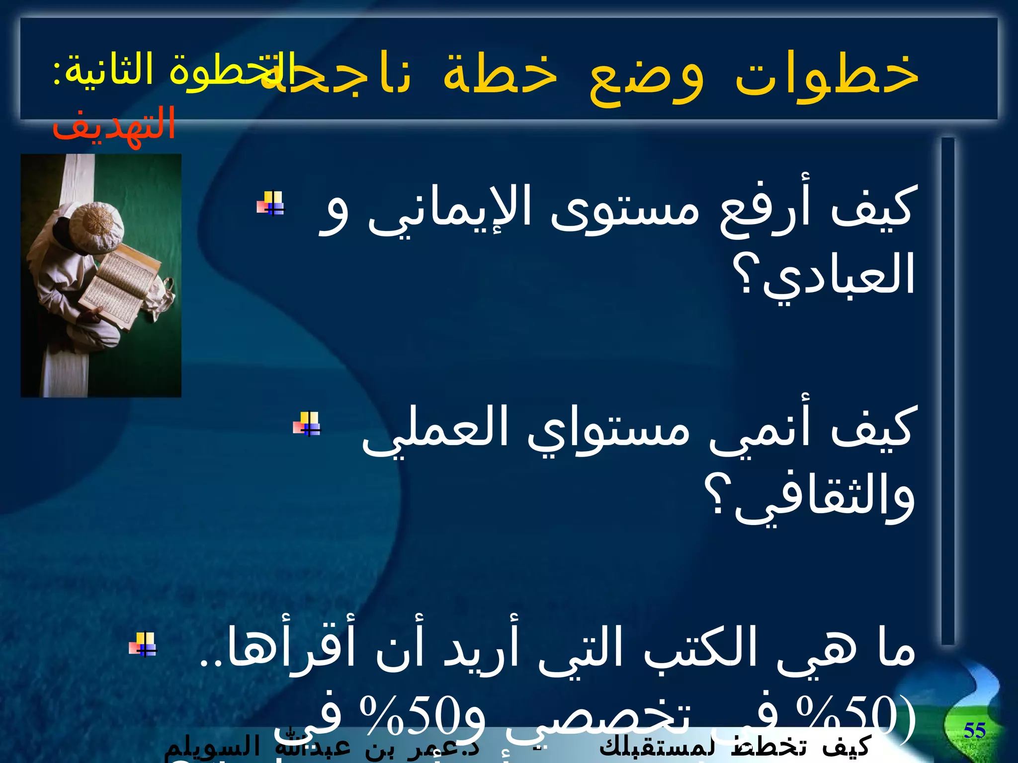 خطوات وضع خطة ناجحة كيف أرفع مستوى الإيماني و العبادي؟ كيف أنمي مستواي العملي والثقافي؟ ما هي الكتب التي أريد أن أقرأها .. (50%  في تخصصي و 50%  في مجالات هامة يجب أن أحسن فيها ) ؟ الخطوة الثانية :  التهديف 