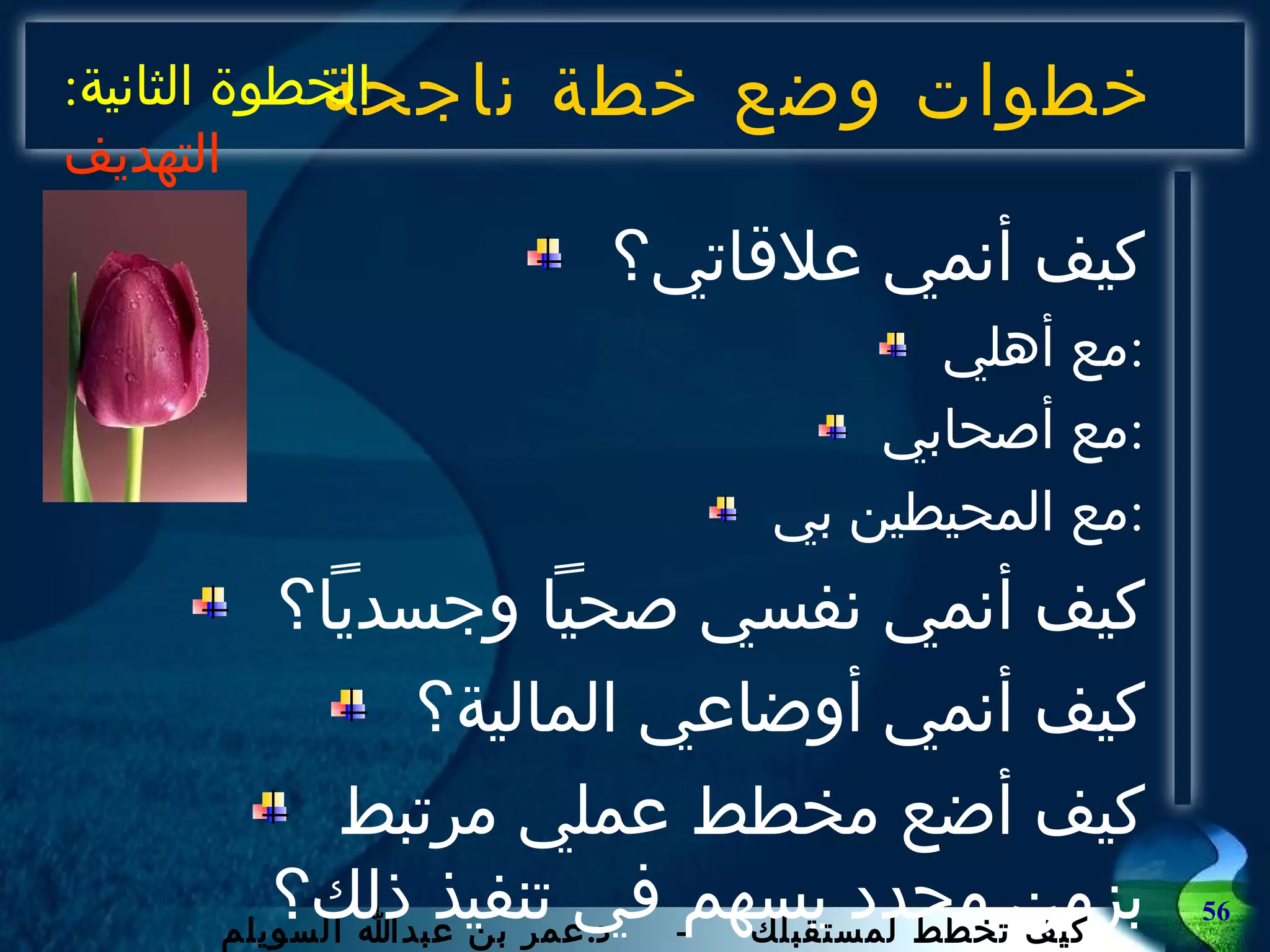 خطوات وضع خطة ناجحة كيف أنمي علاقاتي؟ مع أهلي : مع أصحابي : مع المحيطين بي : كيف أنمي نفسي صحياً وجسدياً؟ كيف أنمي أوضاعي المالية؟ كيف أضع مخطط عملي مرتبط بزمن محدد يسهم في تنفيذ ذلك؟ الخطوة الثانية :  التهديف 