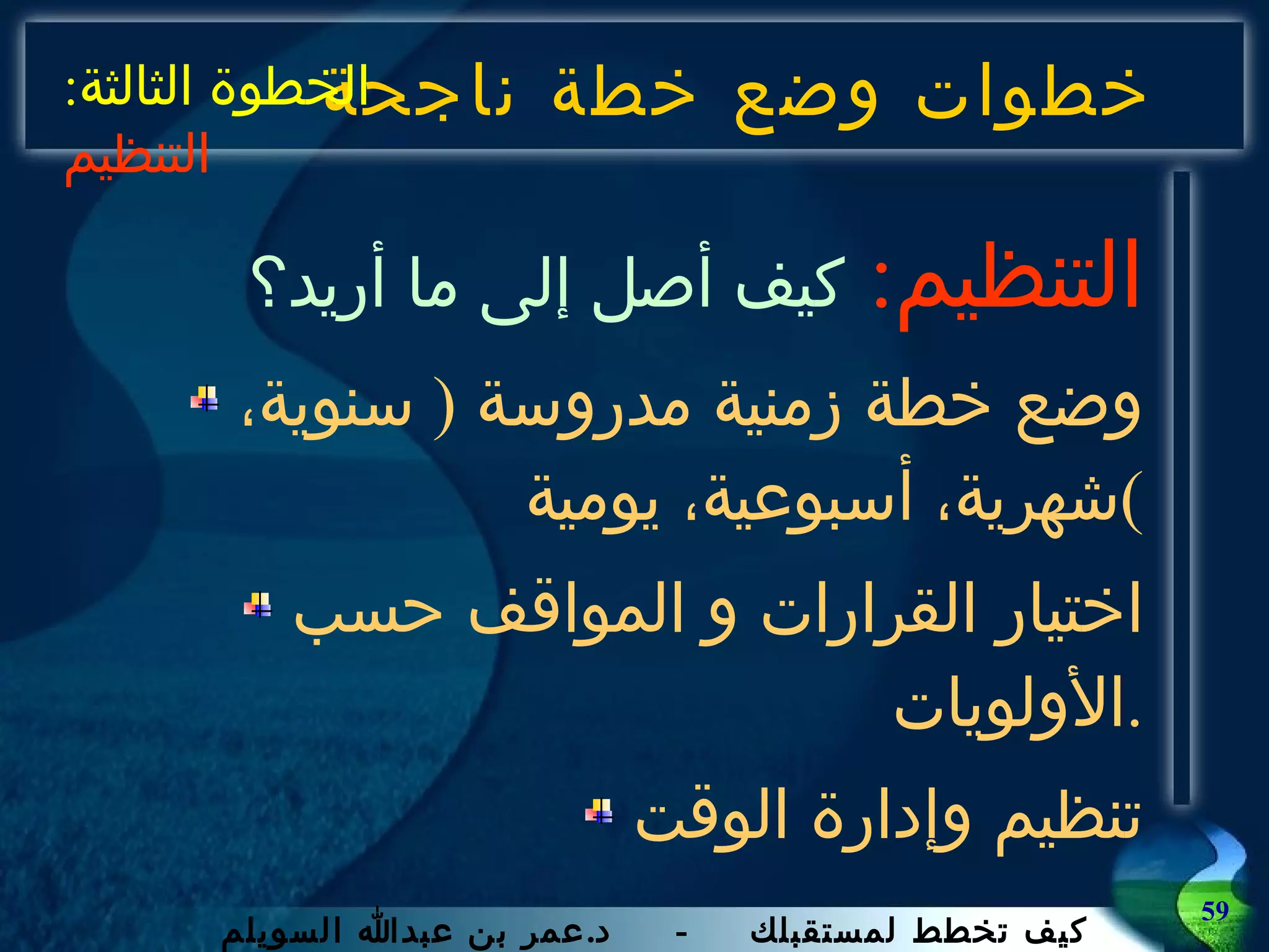 خطوات وضع خطة ناجحة التنظيم :   كيف أصل إلى ما أريد؟ وضع خطة زمنية مدروسة  (  سنوية، شهرية، أسبوعية، يومية ) اختيار القرارات و المواقف حسب الأولويات . تنظيم وإدارة الوقت الخطوة الثالثة :  التنظيم 