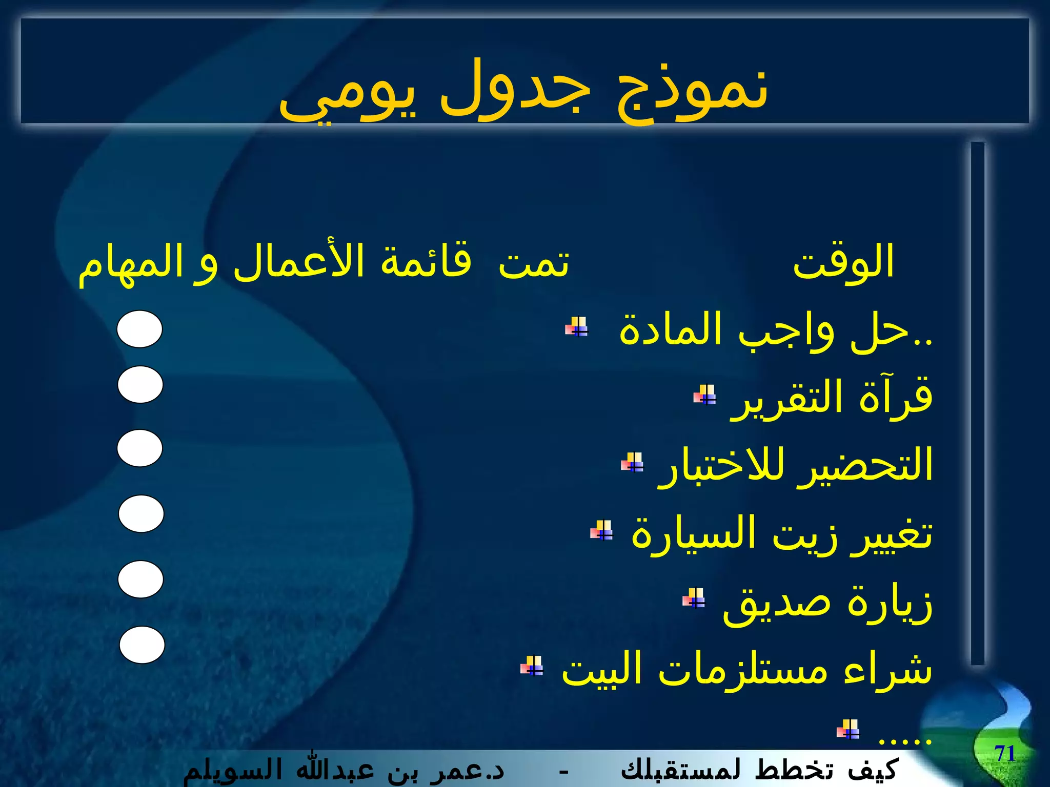 قائمة الأعمال و المهام   الوقت  تمت حل واجب المادة  .. قرآة التقرير التحضير للاختبار تغيير زيت السيارة زيارة صديق شراء مستلزمات البيت ..... نموذج جدول يومي 