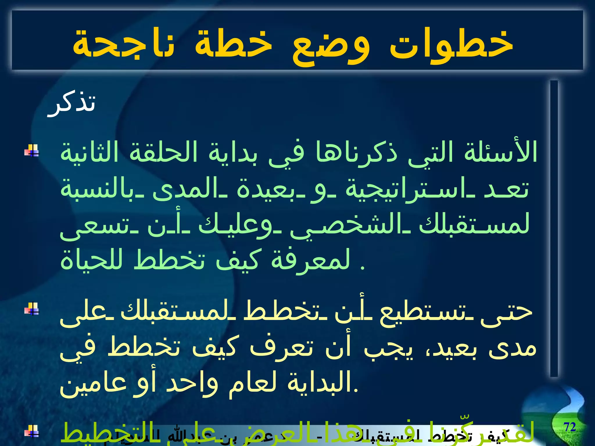 خطوات وضع خطة ناجحة تذكر  الأسئلة التي ذكرناها في بداية الحلقة الثانية تعد استراتيجية و بعيدة المدى بالنسبة لمستقبلك الشخصي وعليك أن تسعى لمعرفة كيف تخطط للحياة .  حتى تستطيع أن تخطط لمستقبلك على مدى بعيد، يجب أن تعرف كيف تخطط في البداية لعام واحد أو عامين . لقد ركّزنا في هذا العرض على التخطيط لعام واحد .  