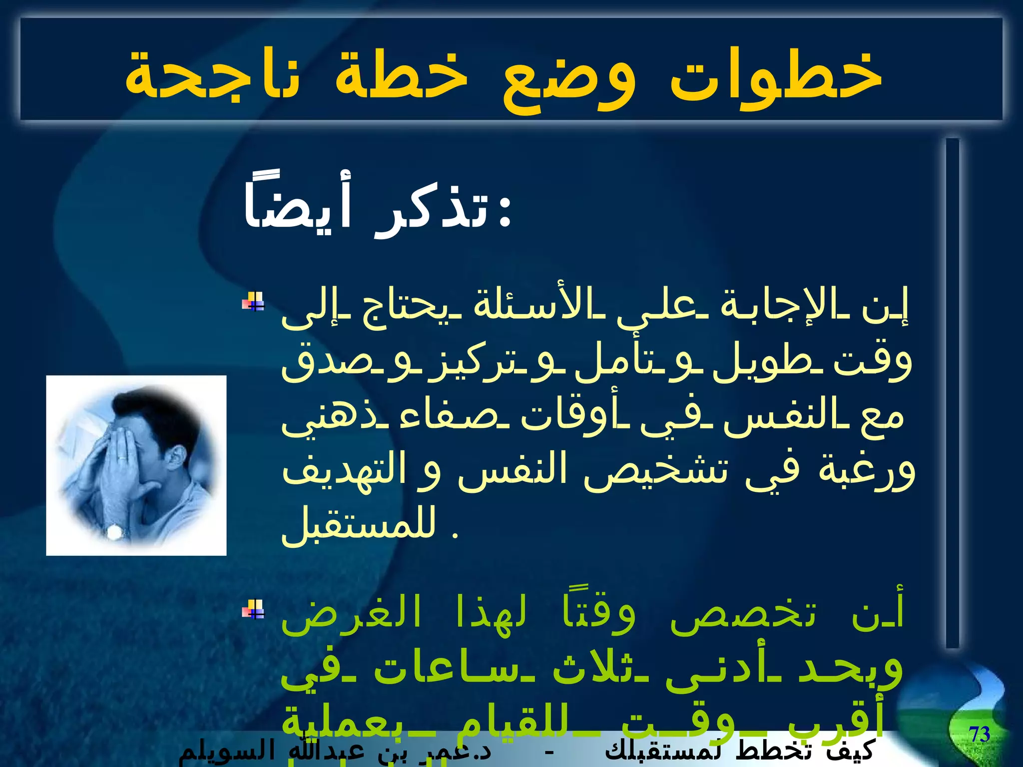 خطوات وضع خطة ناجحة تذكر أيضاً : إن الإجابة على الأسئلة يحتاج إلى وقت طويل و تأمل و تركيز و صدق مع النفس في أوقات صفاء ذهني ورغبة في تشخيص النفس و التهديف للمستقبل .  أن تخصص وقتاً لهذا الغرض وبحد أدنى ثلاث ساعات في أقرب وقت للقيام بعملية التخطيط . إذا خططت فابدأ بالتنفيذ و استمر في التقييم .  