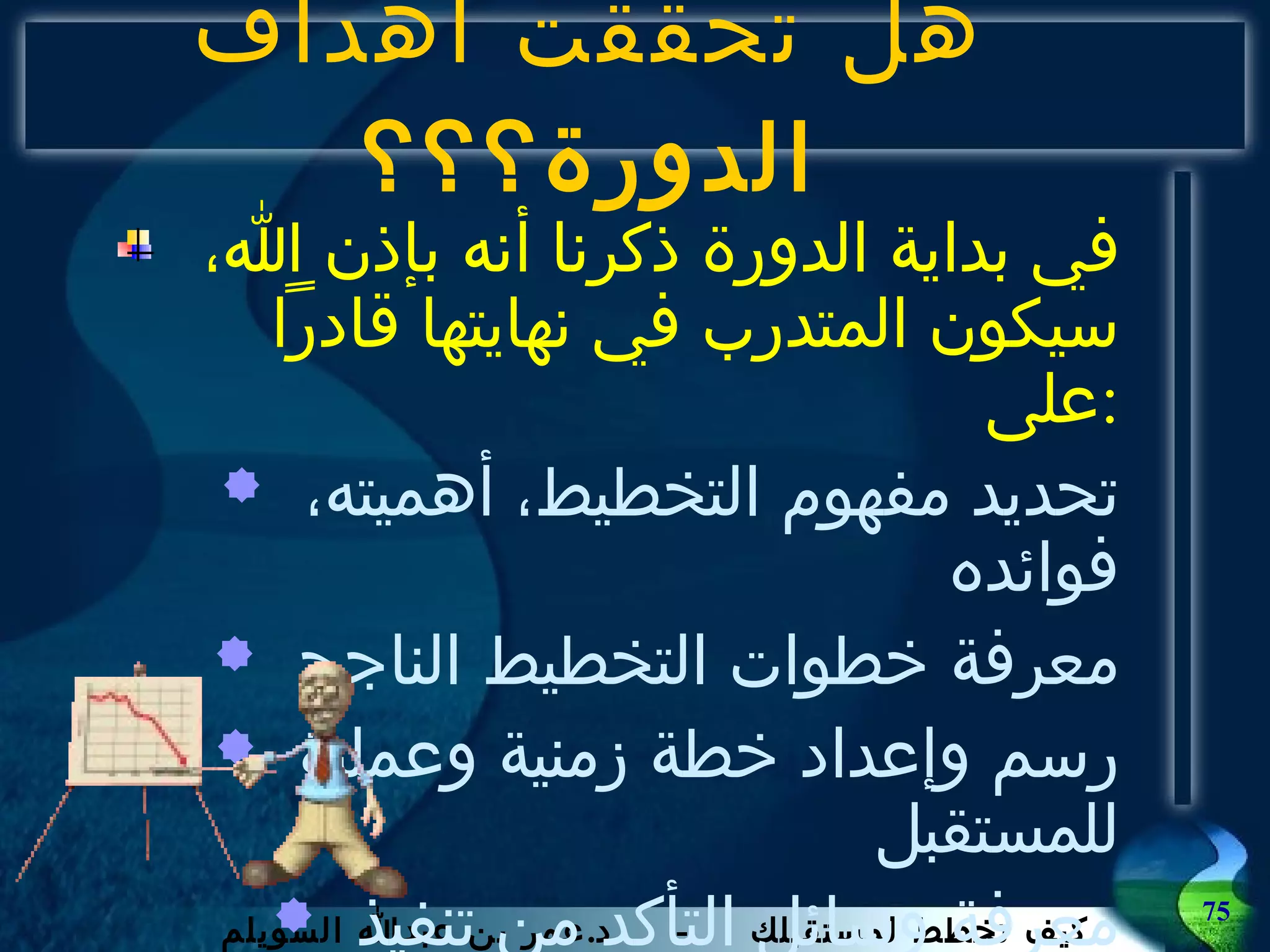 هل تحققت أهداف الدورة؟؟؟ في بداية الدورة ذكرنا أنه بإذن الله، سيكون المتدرب في نهايتها قادراً على : تحديد مفهوم التخطيط، أهميته، فوائده معرفة خطوات التخطيط الناجح رسم وإعداد خطة زمنية وعملية للمستقبل معرفة وسائل التأكد من تنفيذ الخطة 