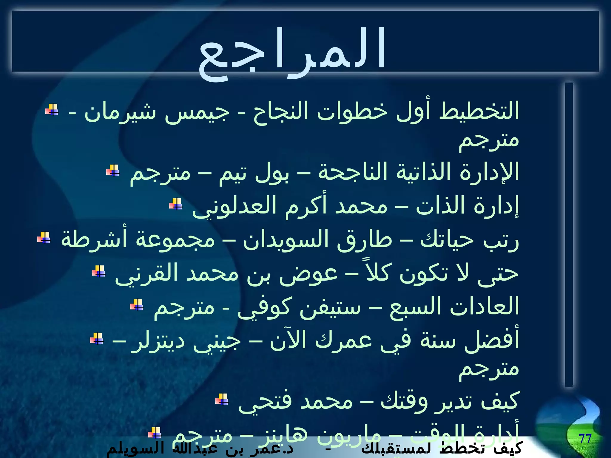 المراجع التخطيط أول خطوات النجاح  -  جيمس شيرمان  -  مترجم الإدارة الذاتية الناجحة – بول تيم – مترجم إدارة الذات – محمد أكرم العدلوني رتب حياتك – طارق السويدان – مجموعة أشرطة حتى لا تكون كلاً – عوض بن محمد القرني العادات السبع – ستيفن كوفي  -  مترجم أفضل سنة في عمرك الآن – جيني ديتزلر – مترجم كيف تدير وقتك – محمد فتحي أدارة الوقت – ماريون هاينز – مترجم فن إدارة الوقت – محمد ديماس 