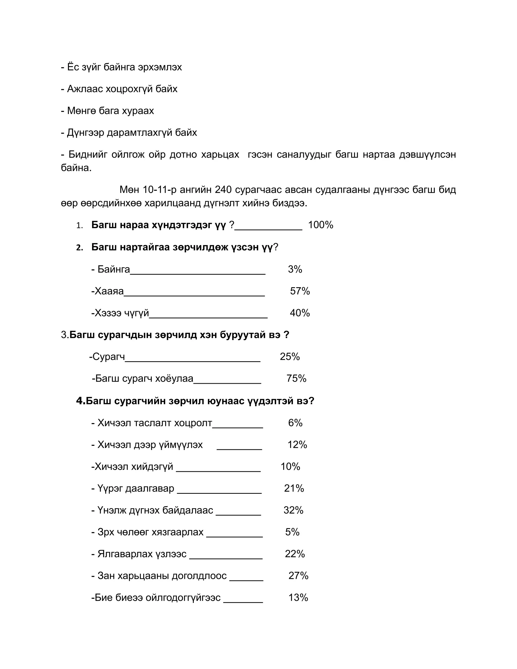 - Ёс зүйг байнга эрхэмлэх

- Ажлаас хоцрохгүй байх

- Мөнгө бага хураах

- Дүнгээр дарамтлахгүй байх

- Биднийг ойлгож ойр дотно харьцах гэсэн саналуудыг багш нартаа дэвшүүлсэн
байна.

           Мөн 10-11-р ангийн 240 сурагчаас авсан судалгааны дүнгээс багш бид
өөр өөрсдийнхөө харилцаанд дүгнэлт хийнэ биздээ.

   1. Багш нараа хүндэтгэдэг үү ?____________ 100%

   2. Багш нартайгаа зөрчилдөж үзсэн үү?

      - Байнга________________________      3%

      -Хааяа_________________________        57%

      -Хэзээ чүгүй_____________________      40%

3.Багш сурагчдын зөрчилд хэн буруутай вэ ?

     -Сурагч________________________       25%

      -Багш сурагч хоёулаа____________     75%

   4.Багш сурагчийн зөрчил юунаас үүдэлтэй вэ?

      - Хичээл таслалт хоцролт_________     6%

      - Хичээл дээр үймүүлэх   ________     12%

      -Хичээл хийдэгүй _______________     10%

      - Үүрэг даалгавар _______________    21%

      - Үнэлж дүгнэх байдалаас ________    32%

      - Зрх чөлөөг хязгаарлах __________   5%

      - Ялгаварлах үзлээс _____________    22%

      - Зан харьцааны доголдлоос ______     27%

      -Бие биеээ ойлгодоггүйгээс _______    13%
 