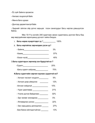 - Ёс зүйг байнга эрхэмлэх

- Ажлаас хоцрохгүй байх

- Мөнгө бага хураах

- Дүнгээр дарамтлахгүй байх

- Биднийг ойлгож ойр дотно харьцах гэсэн саналуудыг багш нартаа дэвшүүлсэн
байна.

           Мөн 10-11-р ангийн 240 сурагчаас авсан судалгааны дүнгээс багш бид
өөр өөрсдийнхөө харилцаанд дүгнэлт хийнэ биздээ.

   1. Багш нараа хүндэтгэдэг үү ?____________ 100%

   2. Багш нартайгаа зөрчилдөж үзсэн үү?

      - Байнга________________________      3%

      -Хааяа_________________________        57%

      -Хэзээ чүгүй_____________________      40%

3.Багш сурагчдын зөрчилд хэн буруутай вэ ?

     -Сурагч________________________       25%

      -Багш сурагч хоёулаа____________     75%

   4.Багш сурагчийн зөрчил юунаас үүдэлтэй вэ?

      - Хичээл таслалт хоцролт_________     6%

      - Хичээл дээр үймүүлэх   ________     12%

      -Хичээл хийдэгүй _______________     10%

      - Үүрэг даалгавар _______________    21%

      - Үнэлж дүгнэх байдалаас ________    32%

      - Зрх чөлөөг хязгаарлах __________   5%

      - Ялгаварлах үзлээс _____________    22%

      - Зан харьцааны доголдлоос ______     27%

      -Бие биеээ ойлгодоггүйгээс _______    13%
 