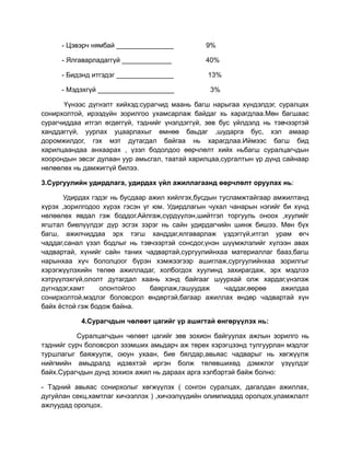 - Цэвэрч нямбай _______________           9%

     - Ялгаварладаггүй _____________           40%

     - Бидэнд итгэдэг _______________          13%

     - Мэдэхгүй ____________________            3%

       Үүнээс дүгнэлт хийхэд:сурагчид маань багш нарыгаа хүндэлдэг, суралцах
сонирхолтой, ирээдүйн зорилгоо ухамсарлаж байдаг хь харагдлаа.Мөн багшаас
сурагчиддаа итгэл өгдөггүй, тэднийг үнэлдэггүй, зөв бус үйлдэлд нь тэвчээртэй
ханддаггүй, уурлах уцаарлахыг өмнөө баьдаг ,шударга бус, хэл амаар
доромжилдог, гэх мэт дутагдал байгаа нь харагдлаа.Иймээс багш бид
харилцаандаа анхаарах , үзэл бодолдоо өөрчлөлт хийх ньбагш суралцагчдын
хоорондын эвсэг дулаан уур амьсгал, таатай харилцаа,сургалтын үр дүнд сайнаар
нөлөөлөх нь дамжиггүй билээ.

3.Сургуулийн удирдлага, удирдах үйл ажиллагаанд өөрчлөлт оруулах нь:

       Удирдах гэдэг нь бусдаар ажил хийлгэх,бусдын тусламжтайгаар амжилтанд
хүрэх ,зорилгодоо хүрэх гэсэн үг юм. Удирдлагын чухал чанарын нэгийг би хүнд
нөлөөлөх явдал гэж боддог.Айлгаж,сүрдүүлэн,шийтгэл торгууль оноох ,хуулийг
ягштал биелүүлдэг дүр эсгэх зэрэг нь сайн удирдагчийн шинж бишээ. Мөн бүх
багш, ажилчиддаа эрх тэгш ханддаг,ялгаварлаж үздэггүй,итгэл урам өгч
чаддаг,санал үзэл бодлыг нь тэвчээртэй сонсдог,үнэн шүүмжлэлийг хүлээн авах
чадвартай, хүнийг сайн таних чадвартай,сургуулийнхаа материаллаг бааз,багш
нарынхаа хүч бололцоог бүрэн хэмжээгээр ашиглаж,сургуулийнхаа зорилгыг
хэрэгжүүлэхийн төлөө ажилладаг, холбогдох хуулинд захирагдаж, эрх мэдлээ
хэтрүүлэхгүй,ололт дутагдал хаань хэнд байгааг шуурхай олж хардаг,үнэлэж
дүгнэдэг,хамт    олонтойгоо     баярлаж,гашуудаж      чаддаг,өөрөө   ажилдаа
сонирхолтой,мэдлэг боловсрол өндөртэй,багаар ажиллах өндөр чадвартай хүн
байх ёстой гэж бодож байна.

           4.Сурагчдын чөлөөт цагийг үр ашигтай өнгөрүүлэх нь:

           Суралцагчдын чөлөөт цагийг зөв зохион байгуулах ажлын зорилго нь
тэднийг сурч боловсрол эзэмших амьдарч аж төрөх хэрэгцээнд тулгуурлан мэдлэг
туршлагыг баяжуулж, оюун ухаан, бие бялдар,авьяас чадварыг нь хөгжүүлж
нийгмийн амьдралд идэвхтэй иргэн болж төлөвшихөд дэмжлэг үзүүлдэг
байх.Сурагчдын дунд зохиох ажил нь дараах арга хэлбэртэй байж болно:

- Тэдний авьяас сонирхолыг хөгжүүлэх ( сонгон суралцах, дагалдан ажиллах,
дугуйлан секц,хамтлаг хичээллэх ) ,хичээлүүдийн олимпиадад оролцох,уламжлалт
ажлуудад оролцох.
 