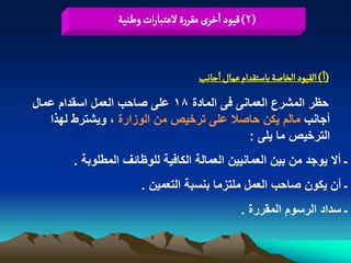 ‫(2) لٍّد اخرى مكررة لغجبارات وؼوّة‬


                                    ‫(ا) الكٍّد الخاضة باصجكدام غمال ازاهب‬

‫حظر المشرع العمانى فى المادة 81 على صاحب العمل اسقدام عمال‬
   ‫أجانب مالم ٌكن حاصال على ترخٌص من الوزارة ، وٌشترط لهذا‬
                                           ‫الترخٌص ما ٌلى :‬
        ‫ـ أال ٌوجد من بٌن العمانٌٌن العمالة الكافٌة للوظابؾ المطلوبة .‬
                       ‫ـ أن ٌكون صاحب العمل ملتزما بنسبة التعمٌن .‬
                                                ‫ـ سداد الرسوم المقررة .‬
 