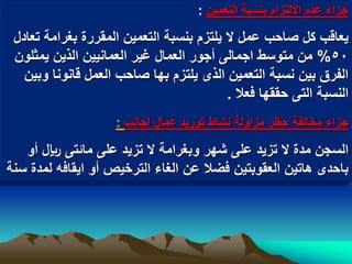 ‫جزاء عدم االلتزام بنسبة التعمٌن :‬

 ‫ٌعاقب كل صاحب عمل ال ٌلتزم بنسبة التعمٌن المقررة بؽرامة تعادل‬
 ‫05% من متوسط اجمالى أجور العمال ؼٌر العمانٌٌن الذٌن ٌمثلون‬
   ‫الفرق بٌن نسبة التعمٌن الذى ٌلتزم بها صاحب العمل قانونا وبٌن‬
                                          ‫النسبة التى حققها فعال .‬
                    ‫جزاء مخالفة حظر مزاولة نشاط تورٌد عمال أجانب :‬

   ‫السجن مدة ال تزٌد على شهر وبؽرامة ال تزٌد على مابتى لاير أو‬
‫باحدى هاتٌن العقوبتٌن فضال عن الؽاء الترخٌص أو اٌقافه لمدة سنة‬
 