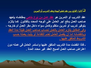 ‫‪ ‬خاهّا : الفارق بّن غكد ثػلم المٌوة وغكد الجدرِب او الجمرِن‬
   ‫عقد التدرٌب أو التمرٌن هو عقد عمل من نوع خاص بمقتضاه ٌتعهد‬
  ‫صاحب العمل بدفع أجر العامل على الوجه المحدد بالقانون كما ٌلتزم‬
‫بتوفٌر تدرٌب أو تمرٌن منظم وكامل سواء داخل مقر العمل أم خارجه ،‬
  ‫وفى المقابل ٌلتزم العامل بالعمل لحساب صاحب العمل طٌلة مدة العقد‬
      ‫وبانقضابه اما أن ٌفصل العامل لعدم الكفاءة أو ٌثبت بعمله حسب‬
                                             ‫الشروط المتفق علٌها .‬
 ‫ـ فاذا انقضت مدة التدرٌب المتفق علٌها واستمر العامل فى عمله دون‬
              ‫اعتراض صاحب العمل أصبح العقد ؼٌر محدد المدة .‬
 