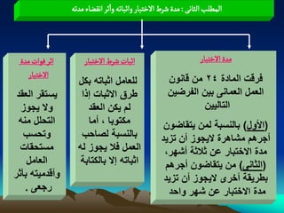 ‫المؽلب الداهَ : مدة شرط الخجبار واخباثي واخر اهكغاء مدثي‬



 ‫اخر فٍات مدة‬       ‫اخبات شرط الخجبار‬                          ‫مدة الخجبار‬
   ‫الخجبار‬
                  ‫للعامل اثباته بكل‬                ‫فرقت المادة 42 من قانون‬
 ‫ٌستقر العقد‬       ‫طرق االثبات إذا‬                 ‫العمل العمانى بٌن الفرضٌن‬
   ‫وال ٌجوز‬          ‫لم ٌكن العقد‬                           ‫التالٌٌن‬
  ‫التحلل منه‬         ‫مكتوبا ، أما‬                 ‫(األول) بالنسبة لمن ٌتقاضون‬
   ‫وتحسب‬           ‫بالنسبة لصاحب‬                 ‫أجرهم مشاهرة الٌجوز أن تزٌد‬
  ‫مستحقات‬         ‫العمل فال ٌجوز له‬               ‫مدة االختبار عن ثالثة أشهر،‬
    ‫العامل‬         ‫اثباته إال بالكتابة‬            ‫(الثانى) من ٌتقاضون أجرهم‬
‫وأقدمٌته بأثر‬                                     ‫بطرٌقة أخرى الٌجوز أن تزٌد‬
    ‫رجعى .‬                                         ‫مدة االختبار عن شهر واحد‬
 