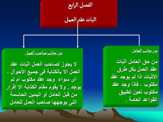 ‫الفطو الرابع‬
                              ‫اخبات غكد الػمو‬



         ‫من زاهب ضاشب الػمو‬                               ‫من زاهب الػامو‬

  ‫ال ٌجوز لصاحب العمل اثبات عقد‬                    ‫من حق العامل اثبات‬
‫العمل اال بالكتابة فى جمٌع األحوال ،‬               ‫عقد العمل بكل طرق‬
  ‫أى سواء وجد عقد مكتوب أم لم‬                   ‫االثبات اذا لم ٌوجد عقد‬
‫ٌوجد . وال ٌقوم مقام الكتابة اال إقرار‬           ‫مكتوب ، فاذا وجد عقد‬
  ‫من قبل العامل أو الٌمٌن الحاسمة‬                   ‫مكتوب تعٌن تطبٌق‬
  ‫التى ٌوجهها صاحب العمل للعامل‬                        ‫القواعد العامة .‬
 