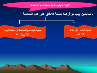 ‫خاهّا : عٍابػ شرط ضصة غدم الموافشة‬

               ‫ـ ضابطٌن ٌجب توافرهما لصحة االتفاق على عدم المنافسة :‬



‫هشبّة شرط غدم الموافشة من شّح الزمان‬                      ‫شطٍل الػامو غلَ مكابو‬
           ‫والمنان والوشاط‬                                        ‫لاللجزامي‬
 
