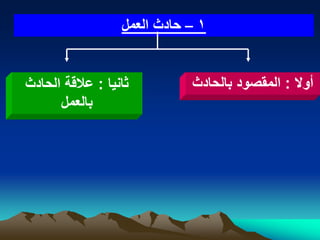 ‫1 – حادث العمل‬


‫ثانٌا : عالقة الحادث‬         ‫أوال : المقصود بالحادث‬
      ‫بالعمل‬
 