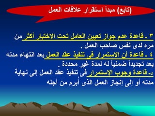 ‫(تابع) مبدأ استقرار عالقات العمل‬


   ‫3 ـ قاعدة عدم جواز تعٌٌن العامل تحت االختبار أكثر من‬
                              ‫مره لدى نفس صاحب العمل .‬
‫4 ـ قاعدة أن االستمرار فى تنفٌذ عقد العمل بعد انتهاء مدته‬
                    ‫ٌعد تجدٌداً ضمنٌا ً له لمدة ؼٌر محددة .‬
   ‫5ـ قاعدة وجوب اإلستمرار فى تنفٌذ عقد العمل إلى نهاٌة‬
                ‫مدته أو إلى إنجاز العمل الذى أُبرم من أجله‬
 