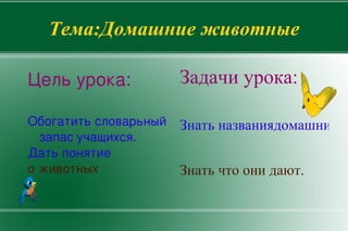 Тема:Домашние животные Задачи урока: Знать названиядомашних животных. 