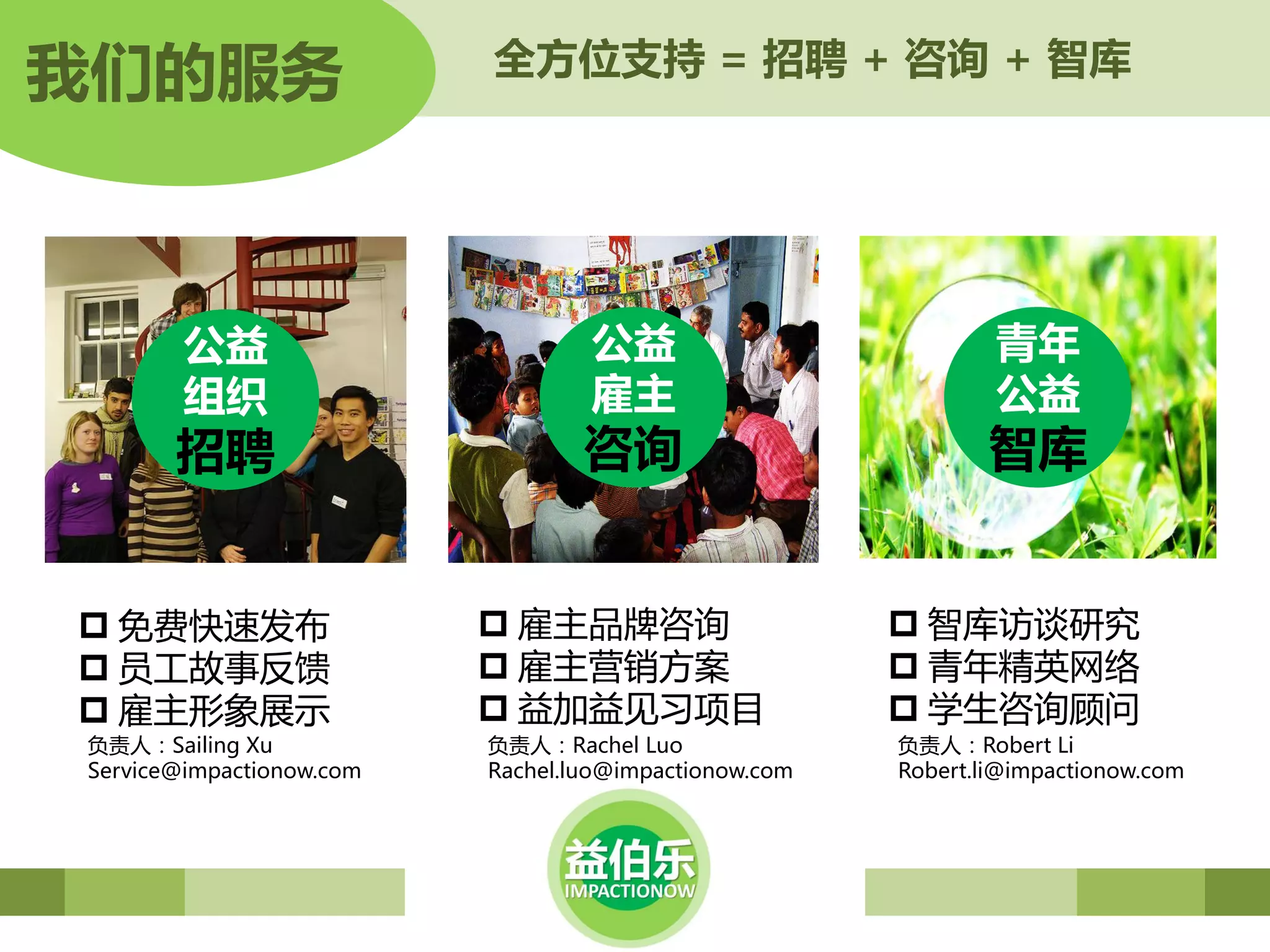 我们的服务                     全方位支持 = 招聘 + 咨询 + 智库




        公益                        公益                           青年
        组织                        雇主                           公益
       招聘                         咨询                          智库


 免费快速収布                   雇主品牌咨询                      智库访谈研究
 员工故事反馈                   雇主营销斱案                      青年精英网络
 雇主形象展示                   益加益见习项目                     学生咨询顾问
负责人：Sailing Xu            负责人：Rachel Luo               负责人：Robert Li
Service@impactionow.com   Rachel.luo@impactionow.com   Robert.li@impactionow.com
 
