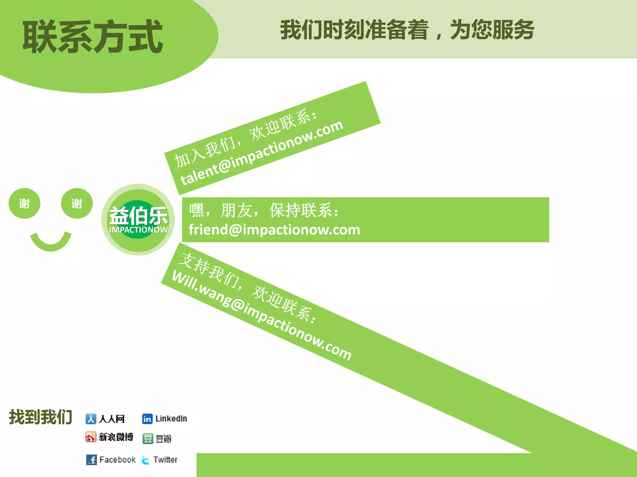 联系方式               我们时刻准备着，为您服务




谢   谢
        嘿，朋友，保持联系：
        friend@impactionow.com




找到我们
 