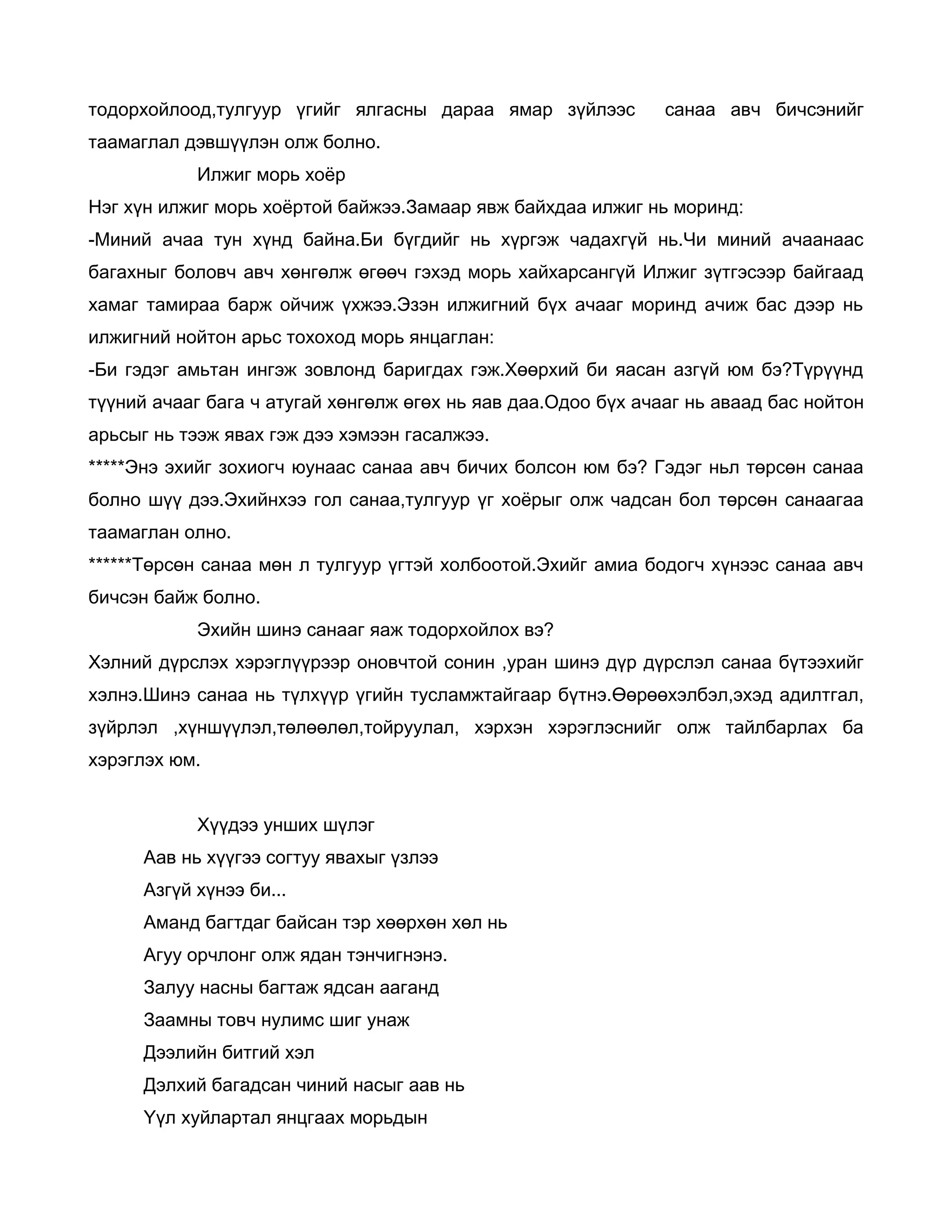 тодорхойлоод,тулгуур үгийг ялгасны дараа ямар зүйлээс          санаа авч бичсэнийг
таамаглал дэвшүүлэн олж болно.
            Илжиг морь хоёр
Нэг хүн илжиг морь хоёртой байжээ.Замаар явж байхдаа илжиг нь моринд:
-Миний ачаа тун хүнд байна.Би бүгдийг нь хүргэж чадахгүй нь.Чи миний ачаанаас
багахныг боловч авч хөнгөлж өгөөч гэхэд морь хайхарсангүй Илжиг зүтгэсээр байгаад
хамаг тамираа барж ойчиж үхжээ.Эзэн илжигний бүх ачааг моринд ачиж бас дээр нь
илжигний нойтон арьс тохоход морь янцаглан:
-Би гэдэг амьтан ингэж зовлонд баригдах гэж.Хөөрхий би яасан азгүй юм бэ?Түрүүнд
түүний ачааг бага ч атугай хөнгөлж өгөх нь яав даа.Одоо бүх ачааг нь аваад бас нойтон
арьсыг нь тээж явах гэж дээ хэмээн гасалжээ.
*****Энэ эхийг зохиогч юунаас санаа авч бичих болсон юм бэ? Гэдэг ньл төрсөн санаа
болно шүү дээ.Эхийнхээ гол санаа,тулгуур үг хоёрыг олж чадсан бол төрсөн санаагаа
таамаглан олно.
******Төрсөн санаа мөн л тулгуур үгтэй холбоотой.Эхийг амиа бодогч хүнээс санаа авч
бичсэн байж болно.
            Эхийн шинэ санааг яаж тодорхойлох вэ?
Хэлний дүрслэх хэрэглүүрээр оновчтой сонин ,уран шинэ дүр дүрслэл санаа бүтээхийг
хэлнэ.Шинэ санаа нь түлхүүр үгийн тусламжтайгаар бүтнэ.Өөрөөхэлбэл,эхэд адилтгал,
зүйрлэл ,хүншүүлэл,төлөөлөл,тойруулал, хэрхэн хэрэглэснийг олж тайлбарлах ба
хэрэглэх юм.


            Хүүдээ унших шүлэг
      Аав нь хүүгээ согтуу явахыг үзлээ
      Азгүй хүнээ би...
      Аманд багтдаг байсан тэр хөөрхөн хөл нь
      Агуу орчлонг олж ядан тэнчигнэнэ.
      Залуу насны багтаж ядсан ааганд
      Заамны товч нулимс шиг унаж
      Дээлийн битгий хэл
      Дэлхий багадсан чиний насыг аав нь
      Үүл хуйлартал янцгаах морьдын
 