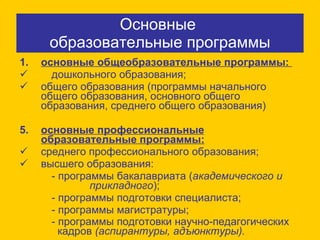 Основные  образовательные программы основные общеобразовательные программы:  дошкольного образования; общего образования (программы начального общего образования, основного общего образования, среднего общего образования) основные профессиональные образовательные программы: среднего профессионального образования; высшего образования: - программы бакалавриата ( академического и    прикладного );  - программы подготовки специалиста;  - программы магистратуры;  - программы подготовки научно-педагогических    кадров  (аспирантуры, адъюнктуры).   