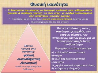 Φυσική ικανότηταΗ δυνατότητα του σώματος να λειτουργεί αποδοτικά στην καθημερινότητα (εργασία & ελεύθερος χρόνος), να είναι υγιής, να αντιδρά αποτελεσματικά στις καταστάσεις έκτακτης ανάγκης.