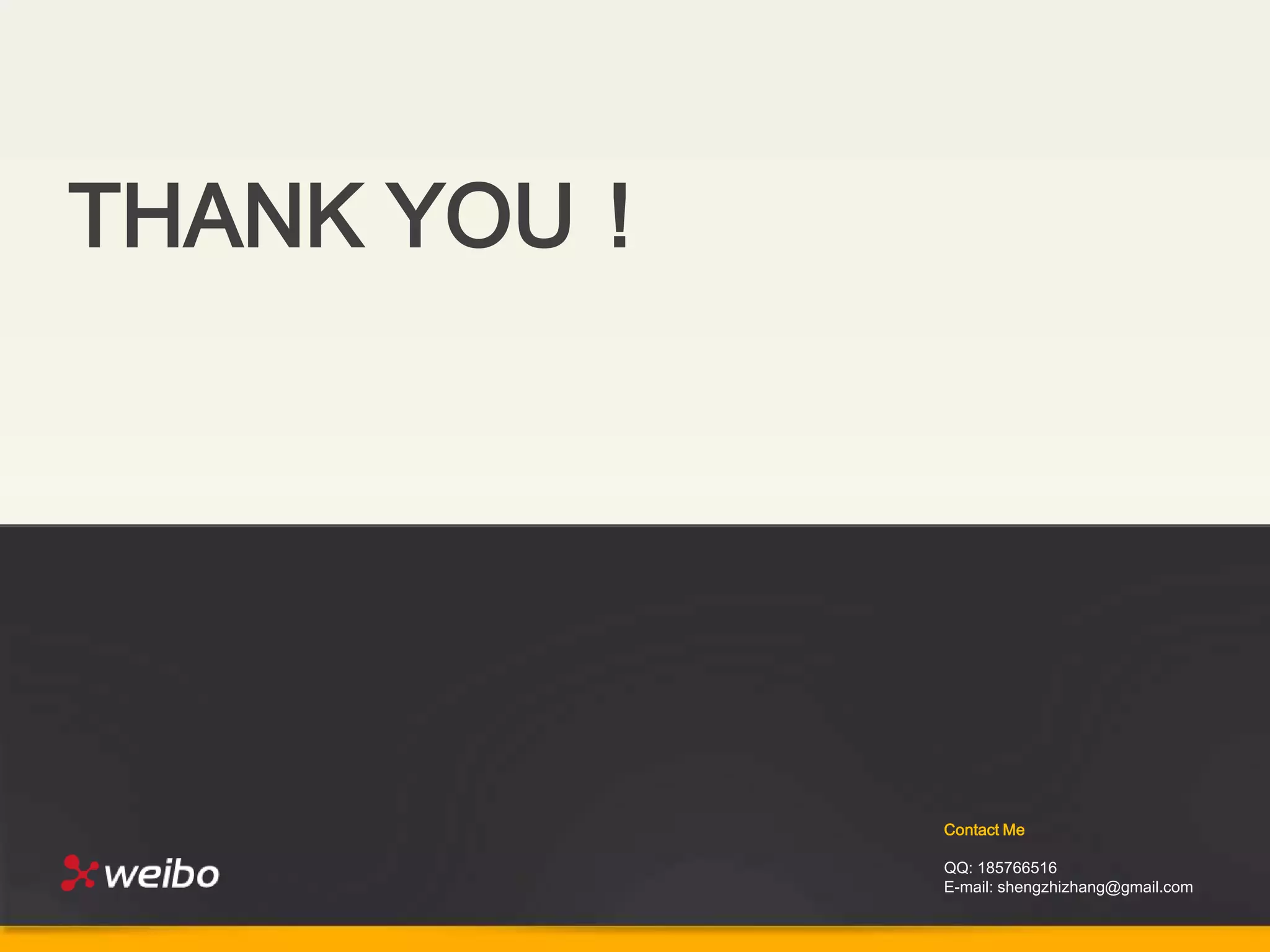 THANK YOU！




             Contact Me

             QQ: 185766516
             E-mail: shengzhizhang@gmail.com
 