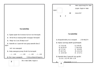 5      төмс хэрэглэхэд 8 кг төмс

                                                                                          үлдэв. Хэдэн кг төмс
                                                          хэрэг-

                                                                                  10      лэсэн бэ?

                                                                    8      7




                      6-р хувилбар


                                                                                 7-р хувилбар
   1. Гурван аравт ба 6 нэгжээс бүтсэн тоог бичээрэй.

   2. 46 ба 40-ын хооронд байх тоонуудыг бичээрэй.
                                                              1. Илэрхийллийн утгыг олоорой.      ( 43+48)-37=
   3. Ямар тоо 1-ээс 29-өөр их вэ?
                                                              2. Хариуг шалгаад зөвийг дугуйлаарай.
   4. Хамгийн их 1 оронтой тоон дээр хамгийн бага 2
орон-                                                              А. 7+11=18             Б. 3+9=20
                                                                   В. 25-10=15            Г. 18+3=26
      той тоог нэмээрэй.
                                                                   Д. 7+7=14              Е. 9+9=20
   5. Хоёр нэмэгдэхүүнээр 19-ийг бүтээгээрэй.                      Ё. 19-7=12             Ж. 13-1=14
                                                                   З. 14+4=18             И. 17-17=1
      ….+….=19       …+…=19      …+…=19       …+…=19
                                                              3. Хамгийн бага 2 оронтой тоог дугуйл.
   6. Тоот торыг нөхөөрэй.      7. Өгүүлбэртэй бодлого.
                                                                  15, 26, 1, 10, 49, 100, 3, 28
                        36 кг төмс байв. Хэдэн кг
        2                                                     4.          Жишээрэй. ( < > = )
                                                                     4
 