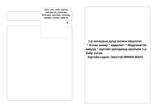Ууль, унь, хана, хаалга,
   хамгаалъя, уншихад,
болгодог, арьсаар, танихад,
  харайж, толийг, цайр нь

                       5




                                1-р ангиудын дунд зохион явуулсан
                               “ Алтан намар ” өдөрлөгт “ Мэдрэмжтэй
                              аавууд ” зургийн уралдаанд оролцож 1-р
                              байр эзлэв.
                                Зургийн сэдэв: Эмэгтэй МИККИ МАУС
 