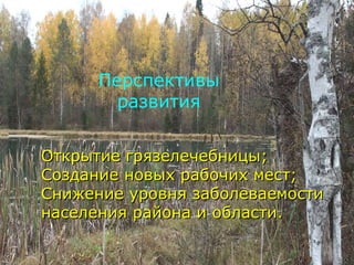Перспективы развития Открытие грязелечебницы; Создание новых рабочих мест; Снижение уровня заболеваемости населения района и области. 