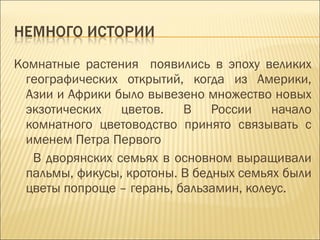 Комнатные растения  появились в эпоху великих географических открытий, когда из Америки, Азии и Африки было вывезено множество новых экзотических цветов. В России начало комнатного цветоводство принято связывать с именем Петра Первого В дворянских семьях в основном выращивали пальмы, фикусы, кротоны. В бедных семьях были цветы попроще – герань, бальзамин, колеус. 