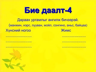 Бие даалт-4 Дараах ургамлыг ангилж бичээрэй. ( манжин, нэрс, лууван, мойл, сонгино, аньс, байцаа) Хүнсний ногоо  Жимс .........................  ....................... .........................  ....................... .........................  ....................... 