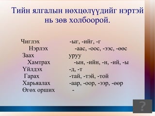 Өрөвгөр жаахан гурав дахийг Өгөх орших гэнэ. Зараа шиг арзгар үстэйг нь Заах гэнэ. Гарч гүйгээд тогтдоггүйг нь Гарах гэнэ. Үндэс сайн малтдаг нь Үйлдэх  