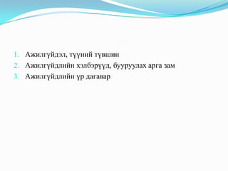 - Ажилгүйдлийн түвшинг тодорхойлох, ажилгүйдлийн хэлбэрүүдийг тайлбарлах, жишээ баримтаар нотлох, ажилгүйдлийг бууруулах арга замыг хэлэлцэх, 
