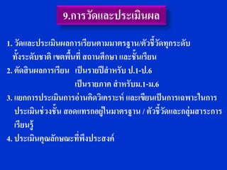 1. วัดและประเมินผลการเรียนตามมาตรฐาน/ตัวชี้วดทุกระดับ
                                                 ั
  ทั้งระดับชาติ เขตพืนที่ สถานศึกษา และชั้นเรียน
                      ้
2. ตัดสิ นผลการเรียน เป็ นรายปี สาหรับ ป.1-ป.6
                        เป็ นรายภาค สาหรับม.1-ม.6
3. แยกการประเมินการอ่านคิดวิเคราะห์ และเขียนเป็ นการเฉพาะในการ
   ประเมินช่ วงชั้น สอดแทรกอยู่ในมาตรฐาน / ตัวชี้วดและกลุ่มสาระการ
                                                   ั
   เรียนรู้
4. ประเมินคุณลักษณะทีพงประสงค์
                          ่ ึ
 