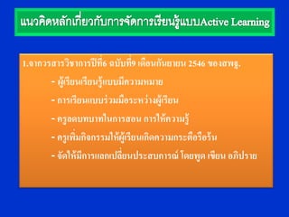 1.จากวรสารวิชาการปี ที่6 ฉบับที9 เดือนกันยายน 2546 ของสพฐ.
                                    ่
       - ผู้เรียนเรียนรู้ แบบมีความหมาย
       - การเรียนแบบร่ วมมือระหว่ างผู้เรี ยน
       - ครู ลดบทบาทในการสอน การให้ ความรู้
       - ครู เพิมกิจกรรมให้ ผ้ เู รียนเกิดความกระตือรือร้ น
                ่
       - จัดให้ มีการแลกเปลี่ยนประสบการณ์ โดยพูด เขียน อภิปราย
 