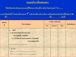 แบบประเมินตนเอง
           ให้ นักเรียนประเมินตนเองจากผลที่ได้ จากการเรียนรู้ในรายวิชาวิทยาศาสตร์ วิชา.........

ตามหัวข้ อต่ อไปนี้ โดยทาเครื่องหมาย  ลงในช่ องที่ตรงกับระดับความพึงพอใจของนักเรียนที่มีแต่ ละหัวข้ อ
     ชื่อ............................................................................................ชัน....................เลขที่
                                                                                                       ้
                                                             ..................
   สั ปดาห์                                                                                            ระดับความพึงพอใจ
       ที่                                         เรื่อง/หัวข้ อย่ อย                                                            บันทึกเพิมเติม
                                                                                                                                           ่
                                                                                                 มาก      ปานกลาง         น้ อย
      1.        1. เซลล์
                   1.1ความหมายและส่ วนประกอบ
                           ของเซลล์ พช เซลล์ สัตว์
                                             ื
                      1.2 หน้ าทีของส่ วนประกอบต่ าง ๆ ของเซลล์
                                      ่
                                                               1.3การทดลองเรื่อง
                ..............................................

      2.        2. x x x
                  2.1........................................................................
                  2.2 ........................................................................
 