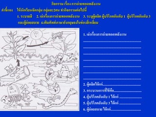 กิจกรรม เรื่อง การถ่ ายทอดพลังงาน
คาชี้แจง ให้ นักเรียนจัดกลุ่ม กลุ่มละ2คน ทากิจกรรมต่ อไปนี้
         1. ระบายสี 2. เล่าเรื่องการถ่ ายทอดพลังงาน 3. ระบุผู้ผลิต ผู้บริโภคอันดับ 1 ผู้บริโภคอันดับ 3
          และผู้ย่อยสลาย 4.เติมศัพท์ ภาษาอังกฤษลงในช่ องสี่เหลียม่

                                                       1. เล่าเรื่องการถ่ ายทอดพลังงาน
                                                       ...................................................................
                                                       ...................................................................
                                                       ...................................................................
                                                       ...................................................................
                                                       ...................................................................
                                                       ...................................................................
                                                       ...................................................................
                                                       2. ผู้ผลิตได้แก่ ............................................
                                                       3. กระบวนการที่ใช้ คอ................................
                                                                                        ื
                                                       4. ผู้บริโภคอันดับ 1 ได้แก่ ..........................
                                                       5. ผู้บริโภคอันดับ 3 ได้แก่ .........................
                                                       6. ผู้ย่อยสลาย ได้แก่ ...................................
 