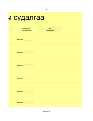 1




хим судалгаа
 11         Агни бүлэг          4д
 эм         Багшийн нэр      Даариймаа




      Хариулт




      Хариулт




      Хариулт




      Хариулт




      Хариулт




      Хариулт




                          Хуудас 32
 