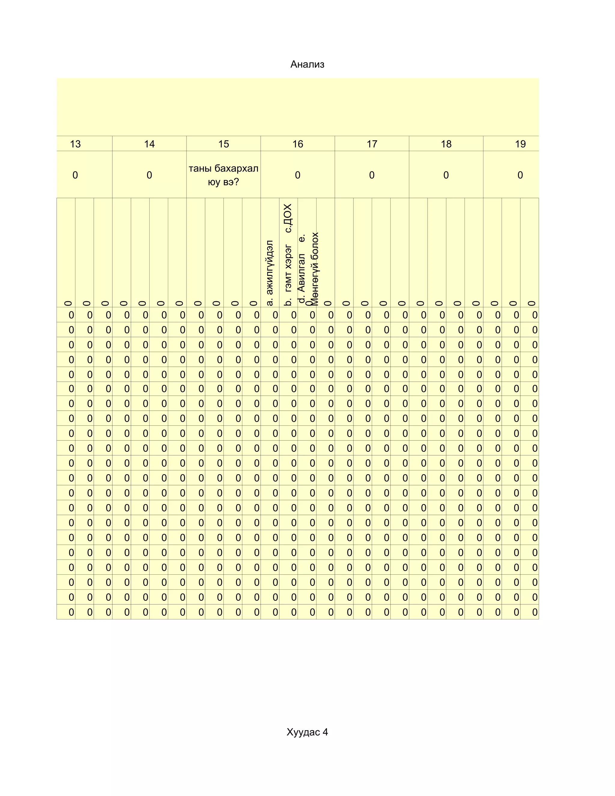 Анализ




13               14                15                               16                    17               18               19

                              таны бахархал
0                0                                                   0                    0                0                0
                                 юу вэ?




                                                                b. гэмт хэрэг c.ДОХ

                                                                Мөнгөгүй болох
                                                                 d. Авилгал e.
                                                a. ажилгүйдэл
0
    0
         0
             0
                 0
                     0
                          0
                              0
                                   0
                                       0
                                            0




                                                                0
                                                                0
                                                                                      0
                                                                                          0
                                                                                              0
                                                                                                   0
                                                                                                       0
                                                                                                           0
                                                                                                               0
                                                                                                                    0
                                                                                                                        0
                                                                                                                            0
                                                                                                                                0
0    0   0   0   0    0   0    0   0    0   0             0        0      0     0     0   0    0   0   0   0    0   0   0   0    0
0    0   0   0   0    0   0    0   0    0   0             0        0      0     0     0   0    0   0   0   0    0   0   0   0    0
0    0   0   0   0    0   0    0   0    0   0             0        0      0     0     0   0    0   0   0   0    0   0   0   0    0
0    0   0   0   0    0   0    0   0    0   0             0        0      0     0     0   0    0   0   0   0    0   0   0   0    0
0    0   0   0   0    0   0    0   0    0   0             0        0      0     0     0   0    0   0   0   0    0   0   0   0    0
0    0   0   0   0    0   0    0   0    0   0             0        0      0     0     0   0    0   0   0   0    0   0   0   0    0
0    0   0   0   0    0   0    0   0    0   0             0        0      0     0     0   0    0   0   0   0    0   0   0   0    0
0    0   0   0   0    0   0    0   0    0   0             0        0      0     0     0   0    0   0   0   0    0   0   0   0    0
0    0   0   0   0    0   0    0   0    0   0             0        0      0     0     0   0    0   0   0   0    0   0   0   0    0
0    0   0   0   0    0   0    0   0    0   0             0        0      0     0     0   0    0   0   0   0    0   0   0   0    0
0    0   0   0   0    0   0    0   0    0   0             0        0      0     0     0   0    0   0   0   0    0   0   0   0    0
0    0   0   0   0    0   0    0   0    0   0             0        0      0     0     0   0    0   0   0   0    0   0   0   0    0
0    0   0   0   0    0   0    0   0    0   0             0        0      0     0     0   0    0   0   0   0    0   0   0   0    0
0    0   0   0   0    0   0    0   0    0   0             0        0      0     0     0   0    0   0   0   0    0   0   0   0    0
0    0   0   0   0    0   0    0   0    0   0             0        0      0     0     0   0    0   0   0   0    0   0   0   0    0
0    0   0   0   0    0   0    0   0    0   0             0        0      0     0     0   0    0   0   0   0    0   0   0   0    0
0    0   0   0   0    0   0    0   0    0   0             0        0      0     0     0   0    0   0   0   0    0   0   0   0    0
0    0   0   0   0    0   0    0   0    0   0             0        0      0     0     0   0    0   0   0   0    0   0   0   0    0
0    0   0   0   0    0   0    0   0    0   0             0        0      0     0     0   0    0   0   0   0    0   0   0   0    0
0    0   0   0   0    0   0    0   0    0   0             0        0      0     0     0   0    0   0   0   0    0   0   0   0    0
0    0   0   0   0    0   0    0   0    0   0             0        0      0     0     0   0    0   0   0   0    0   0   0   0    0




                                                                  Хуудас 4
 