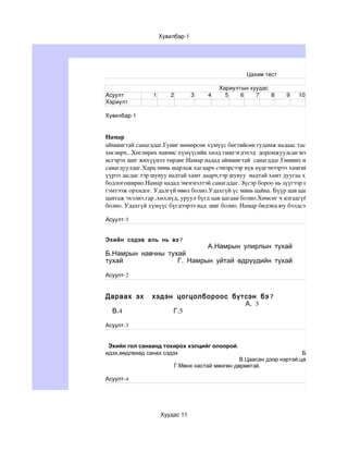 Хувилбар­1




                                                                                    Цахим тест

                                                                   Хариултын хуудас
Асуулт                      1         2           3          4       5    6    7    8                      9       10
Хариулт 

Хувилбар­1


Намар                                                                                                                                             
аймшигтай санагддаг.Гуниг нөмөрсөн хүмүүс бөгтийсөн гудамж надаас тасарсан навчис газ
хөглөрч...Хөглөрөх навчис хүмүүсийн хөлд гишгэгдэхэд  доромжуулсан мэт санагддаг.Сана
исгэрэх шиг жихүүцэл төрдөг.Намар надад аймшигтай  санагддаг.Гинших навчсын чимээ гэ
санагдуулдаг.Харц минь шарлаж хагдарч сэмэрсээр нүв нүцгэнээрээ хамгийн сүүлчийн бээр
үүрээ засдаг.тэр шувуу надтай хамт даарч,тэр шувуу  надтай хамт дуугаа хурааж зөвхөн на
бодлогоширно.Намар надад эмэгнэлтэй санагддаг. Зүсэр бороо нь зүүгээр шивэх шиг зүсийг
гэмтээж орхидог. Удалгүй өвөл болно.Удахгүй үс минь цайна. Бүүр цав цагаан болно. Удах
цантаж эхэлнэ.гар ,хөл,нүд, уруул бүгд цав цагаан болно.Хөмсөг ч ялгаагүй. Гишгэсэн мөр,
болно. Удахгүй хүмүүс бүгдээрээ над  шиг болно. Намар бидэнд юу бэлдсэнийг хараач.

Асуулт­1


Эхийн сэдэв аль нь вэ?
                           А.Намрын улирлын тухай
Б.Намрын навчны тухай                                                                                                                В.Насн
тухай              Г. Намрын уйтай өдрүүдийн тухай

Асуулт-2


Дараах эх                  хэдэн цогцолбороос бүтсэн бэ ?
                                                 А. 3                                                                                           Б
    В.4                         Г.5

Асуулт-3


 Эхийн гол санаанд тохирох хэлцийг олоорой.
идэх,өөдлөхөд санах сэдэх                                                            Б.Уулыг цас дард
                                                               В.Цаасан дээр нэртэй,цасан дээр мөртэй
                                        Г.Мөнх настай мөнгөн дөрөөтэй.

Асуулт-4




                                Хуудас 11
 