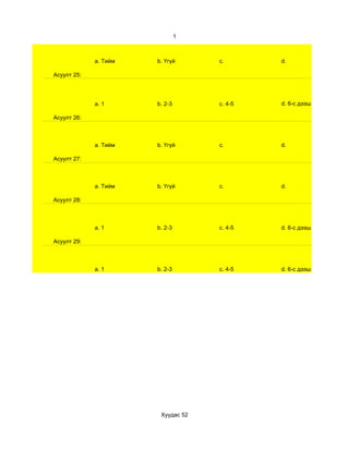 1



             a. Тийм   b. Үгүй      c.       d.

Асуулт 25:




             a. 1      b. 2-3       c. 4-5   d. 6-с дээш

Асуулт 26:



             a. Тийм   b. Үгүй      c.       d.

Асуулт 27:



             a. Тийм   b. Үгүй      c.       d.

Асуулт 28:



             a. 1      b. 2-3       c. 4-5   d. 6-с дээш

Асуулт 29:



             a. 1      b. 2-3       c. 4-5   d. 6-с дээш




                        Хуудас 52
 