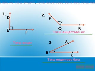 Доорх өнцгийн аль нь тэгш өнцөгт ,  тэгш өнцөгтөөс бага   мөн   тэгш өнцөгтөөс их вэ ? Тэгш өнцөг Тэгш өнцөгтөөс их Тэгш өнцөгтөөс бага 1. 2. 3. A B C D E F P Q R 