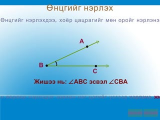 Өнцгийг нэрлэхдээ ,  хоёр цацрагийг мөн оройг нэрлэнэ . Жишээ нь :   ABC  эсвэл    CBA   Өнцгийг мөн өөрөөр нэрлэдэг   зөвхөн нэг цэгийг үсгээр  нэрлэнэ ,  жишээ нь    B. Өнцгийг нэрлэх A B C 