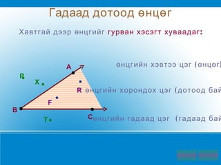 Хавтгай дээр өнцгийг  гурван хэсэгт хуваадаг :  Гадаад дотоод өнцөг өнцгийн хэвтээ цэг  ( өнцөг ) өнцгийн хорондох цэг  ( дотоод байрлал .   ) өнцгийн гадаад цэг  ( гадаад байрлал .   ) A B C F R P T X 