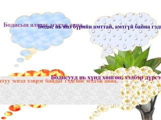 Зорилтууд  Бодисын ялгааг мэдэж авна. Бодис нь янз бүрийн амттай, амтгүй байна гэдгийг мэдэж авна.  Бодис нь бөх, хатуу эсвэл хэврэг байдаг гэдгийг мэдэж авна.  Бодисууд нь хүнд хөнгөн, хэлбэр дүрсээрээ өөр байна  