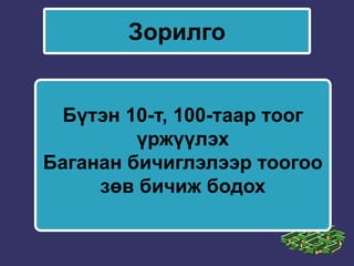 ЗорилгоБүтэн 10-т, 100-таар тоог үржүүлэхБаганан бичиглэлээр тоогоо зөв бичиж бодох